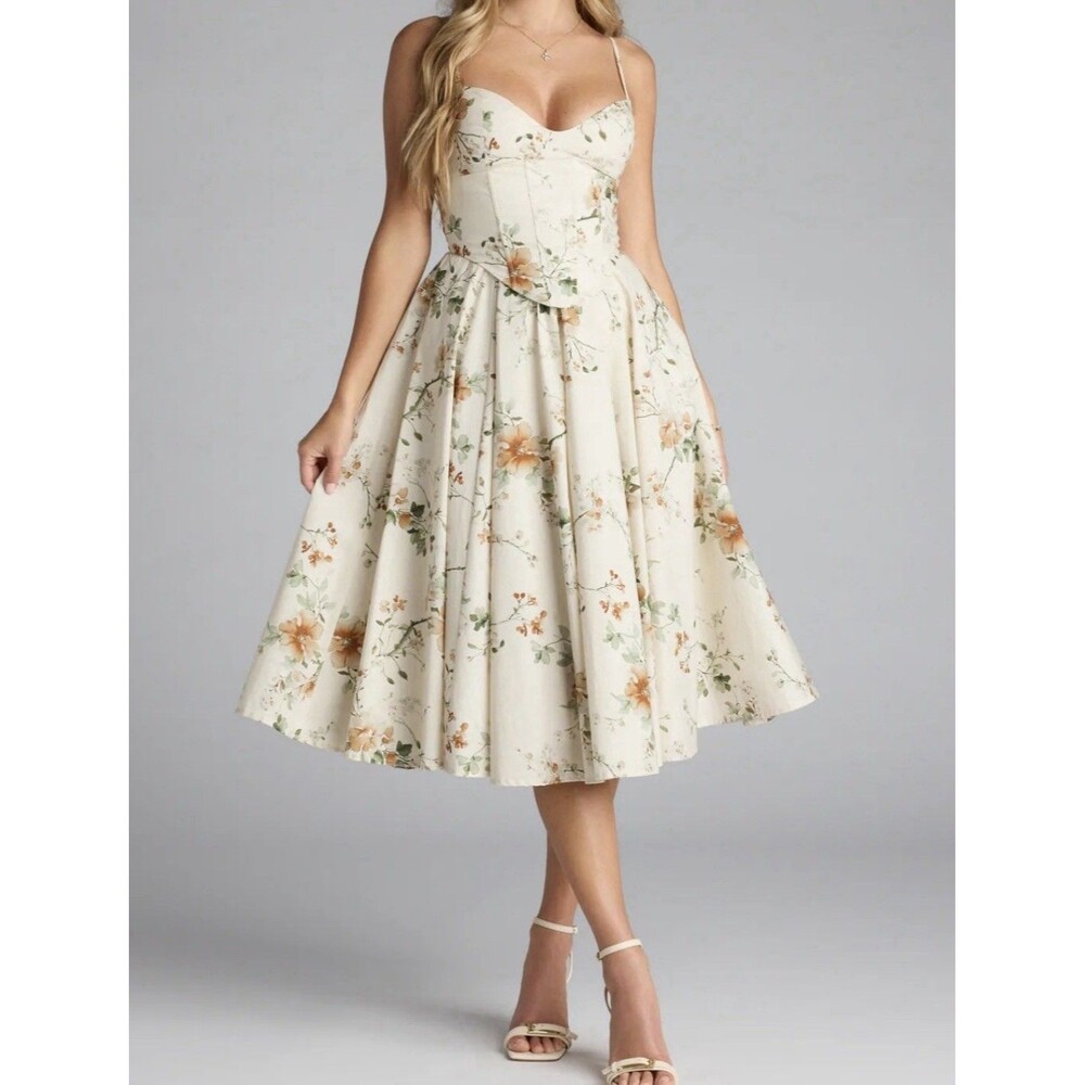 Windsor - Garden Party Goals Floral Corset A-Line Midi Dress - Ivory. Size S